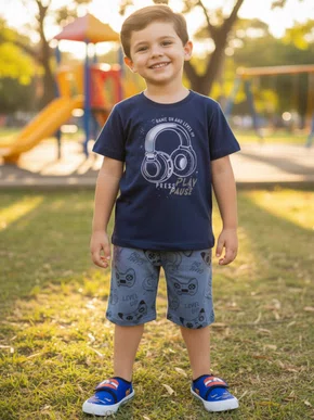 Conjunto Camiseta e Bermuda Game Masculino Juvenil 12/16  26688 Brandili Marinho e Azul