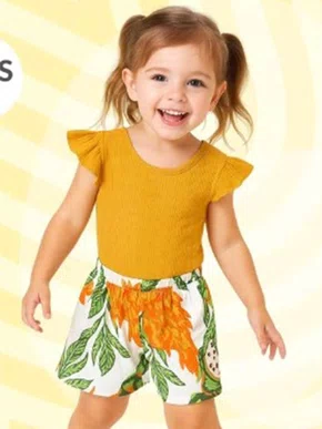 Conjunto Cropped e Shorts Feminino Infantil  1/3 Estampado 6000271 Nanai Amarelo e Branco