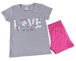Conjunto Curto Feminino Juvenil  Com Estampa 711 Yupy Kids Cinza Mesclado E Rosa