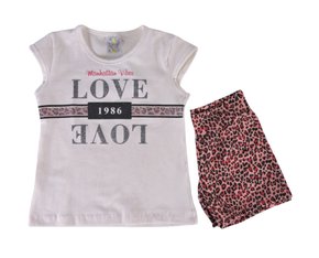 Conjunto Curto Feminino Juvenil  Estampado 713 Yupy kids Creme E Rosa