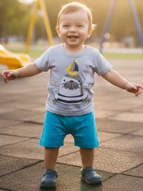 Conjunto Curto Masculino Bebê Camiseta E Bermuda Com Estampa Foca 35309 Brandili Cinza E Azul