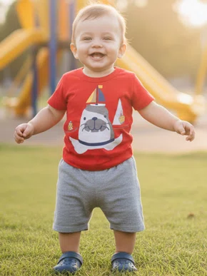 Conjunto Curto Masculino Bebê Camiseta E Bermuda Com Estampa Foca 35309 Brandili Vermelho E Mescla