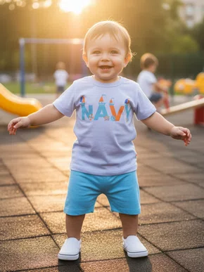 Conjunto Curto Masculino Bebê Camiseta e Shorts Estampa Navy 717 Tacadu Branco E Turquesa