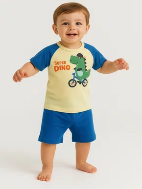 Conjunto Curto Masculino Bebê Camiseta E Shorts Estampa Super Dino 719 Tacadu Amarelo E Azul