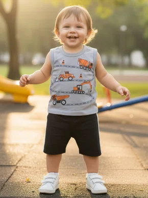 Conjunto Curto Masculino Bebê Regata E Shorts Estampa Trator Obras 718 Tacadu Cinza E Preto