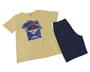 Conjunto Curto Masculino Infantil Com Estampa Dc Têxtil Amarelo e Marinho