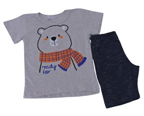 Conjunto Curto Masculino Infantil Com Estampa Dc Têxtil Mescla e Marinho