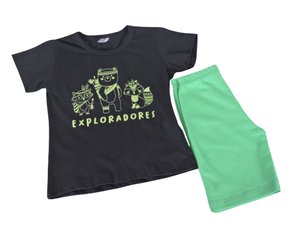Conjunto Curto Masculino Infantil Com Estampa Dc Têxtil Preto e Verde