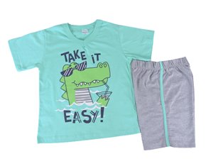 Conjunto Curto Masculino Infantil Estampa Jacaré 730 Tacadu Verde  E Cinza