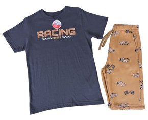 Conjunto Curto Masculino Juvenil Camiseta E Bermuda Com Estampa Bordado 35192 Brandili Chumbo E Caramelo