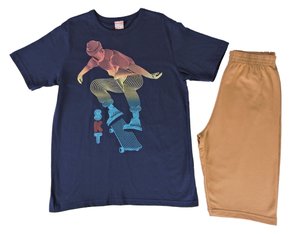 Conjunto Curto Masculino Juvenil Camiseta E Bermuda Com Estampa Skatista 35298 Brandili Marinho E Caramelo