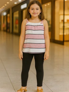 Conjunto Feminino Infantil 4-8 Blusa de Alça Listrada e Calça 1000047677 Carinhoso Rosa e Preto