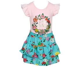 Conjunto Infantil Feminino Menina 4-8 Body manga curta e Saia Estampa Floral 10312920 Marisol Rosa e Verde