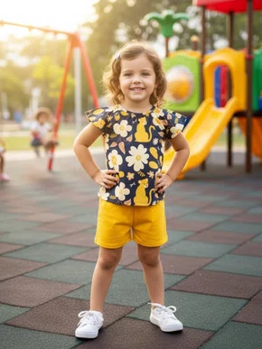 Conjunto Feminino Infantil 4/8 Onça Flores 1001012 Kyly Marinho e Amarelo