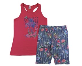 Conjunto Juvenil Feminino 10-16 Blusa Regata e Bermuda Ciclista Estampa Floral 10312794 Marisol Rosa e Azul