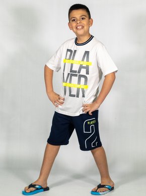 Conjunto Masculino Infantil  Camiseta-Bermuda 10-16 110076 Kyly Branco e Marinho