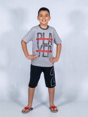 Conjunto Masculino Infantil Camiseta-Bermuda 10-16 110076 Kyly Cinza e Preto