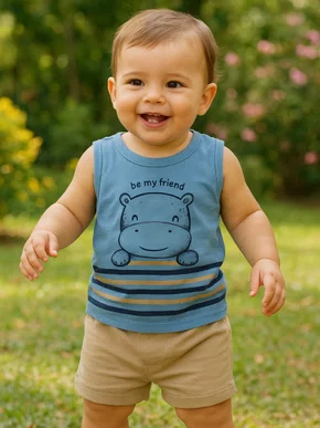 Conjunto Regata e Bermuda Masculino Bebê P/G 26839 Brandili Azul e Bege