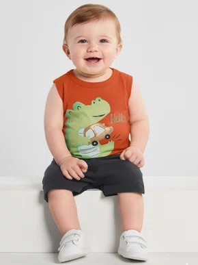 Conjunto Regata e Bermuda Masculino Bebê P/G 26841 Brandili Telha e Grafite