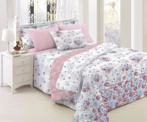 Jogo de Cama King 150 Fios 4 Peças 40 cm Diamante Teka Rosie Branco e Rosa