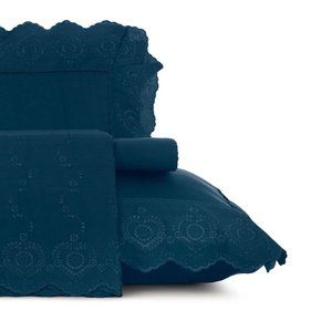 Jogo De Lençol 300 Fios Queen Bordados Em Cetim 4 Peças  2,50 X 2,50 Altenburg Azul Petróleo