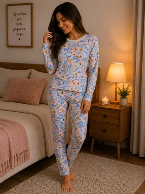 Pijama Feminino Adulto Em Suede Estampado 9200 Kanto Dos Sonhos Rosa e Azul
