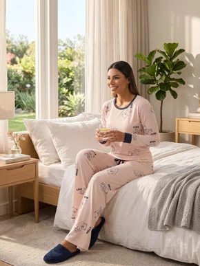 Pijama Feminino Com Punho Estampa Urso 5606 Bocejinho Salmão