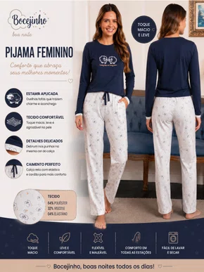 Pijama Feminino Estampa Ovelha 5604 Bocejinho Marinho e Branco