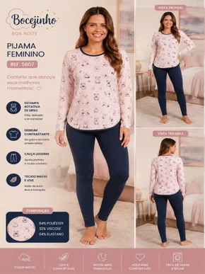 Pijama Feminino Legging Urso 5607 Bocejinho Salmão e Marinho