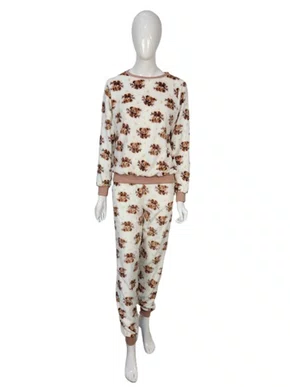 Pijama Fleece Feminino Adulto 5812 Kanto Dos Sonhos Creme e Marrom