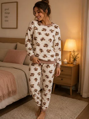 Pijama Fleece Feminino Adulto 5812 Kanto Dos Sonhos Creme e Marrom