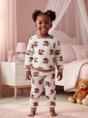 Pijama Fleece Feminino Infantil 2-8 5813 Doce Luar Creme e Marrom
