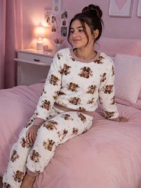 Pijama Fleece Feminino Juvenil 10-16 5813A Doce Luar Creme e Marrom