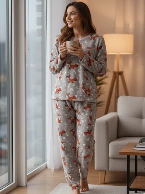 Pijama Plush Feminino Adulto 5815 kanto Dos Sonhos Gelo e Marrom