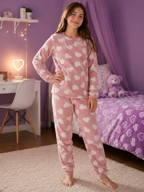Pijama Plush Feminino Juvenil 10-14 5816A Kanto dos Sonhos Rosa e Branco