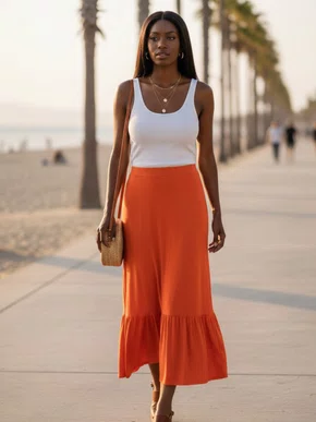 Saia Midi Feminina Adulto Detalhe Babado V582M Vila Flor Coral