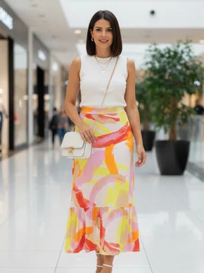 Saia Midi Feminina Adulto Detalhe Babado V582M Vila Flor Verde Neon e Vermelho