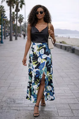 Saia Midi Feminina Adulto Detalhe Fenda V583T Vila Flor Azul, Verde e Branco