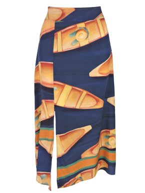 Saia Midi Feminina Adulto Detalhe Fenda V583T Vila Flor Marinho e Laranja