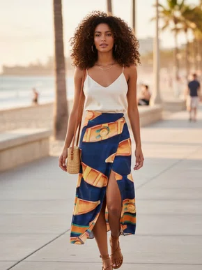 Saia Midi Feminina Adulto Detalhe Fenda V583T Vila Flor Marinho e Laranja