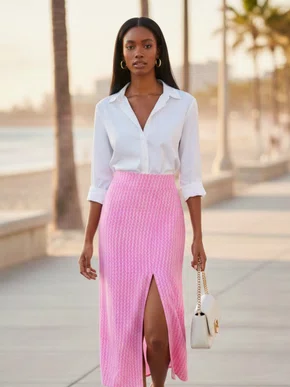 Saia Midi Feminina Adulto Detalhe Fenda V583T Vila Flor Rosa e Branco