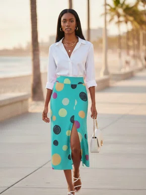 Saia Midi Feminina Adulto Detalhe Fenda V583T Vila Flor Verde