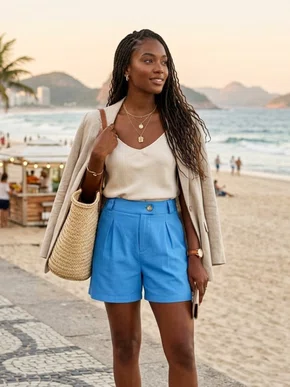 Shorts Em Viscolinho Feminino Adulto 1.703368 Lecimar Azul Porcelana