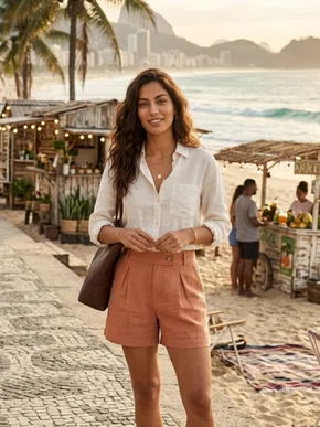Shorts Em Viscolinho Feminino Adulto 1.703368 Lecimar Bege Outono