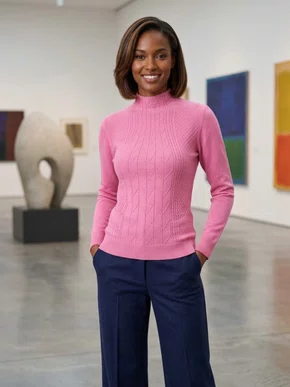 Suéter Feminino Gola Alta Modal trabalhado 2452 Dunialin Rosa