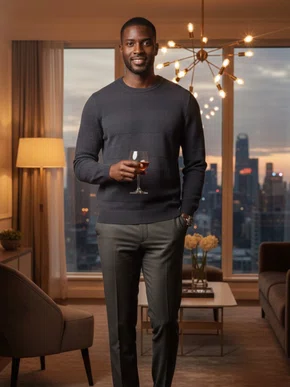 Suéter Masculino Gola Redonda Modal Trabalhado S03225 Dunialin Preto