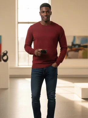 Suéter Masculino Gola Redonda Modal Trabalhado S03225 Dunialin Telha