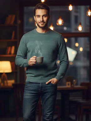 Suéter Masculino Gola Redonda Modal Trabalhado S03225 Dunialin Verde