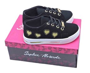 Tênis Feminino Infantil Nobuk Detalhe Coração 633C4 Sophia Almeida Preto e Dourado