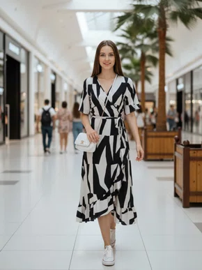 Vestido Envelope Midi Manga Curta V566T Vila Flor Gelo e Preto